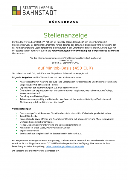 Stellenanzeige - Stadtteilverein Bahnstadt e.V.